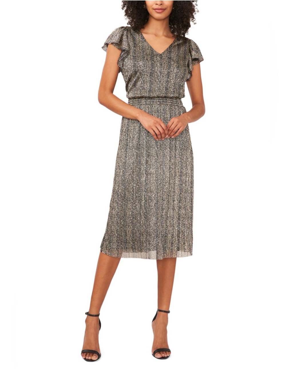 Vince Camuto Metallic V-Neck Flutter Sleeve Midi Dress in Gold and Black. NWT